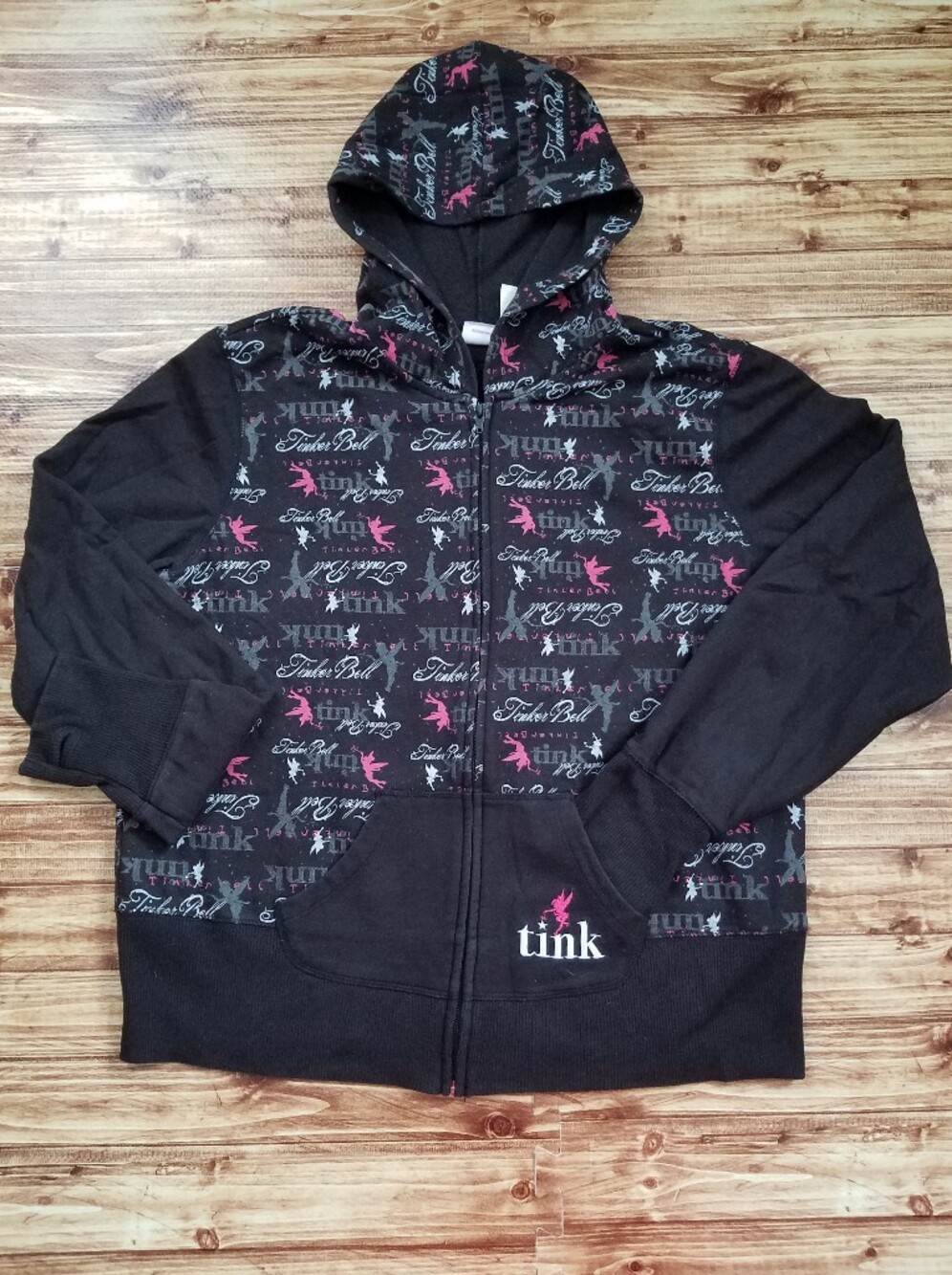 Disney Black Pink Tinker Bell Zip Hoodie Vintage Y2K Juniors XXL 19 Peter Pan